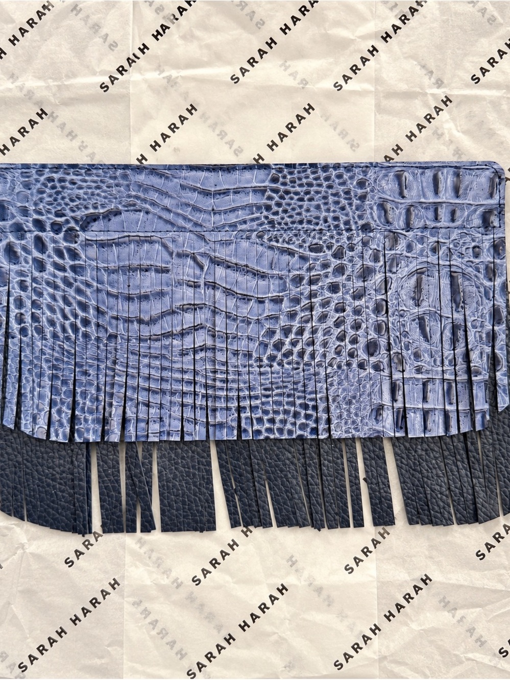Sarah Haran Blue Navy Leather Deco Fringe Bag Accessory